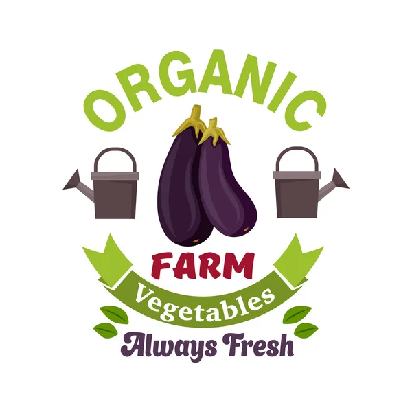 Biologische plantaardige boerderij badge met aubergine — Stockvector