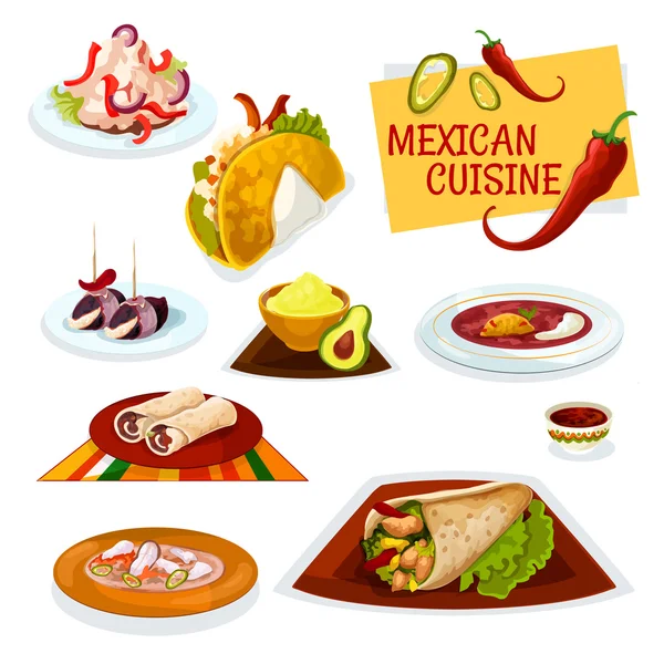 Icono de cocina mexicana platos picantes tradicionales — Vector de stock