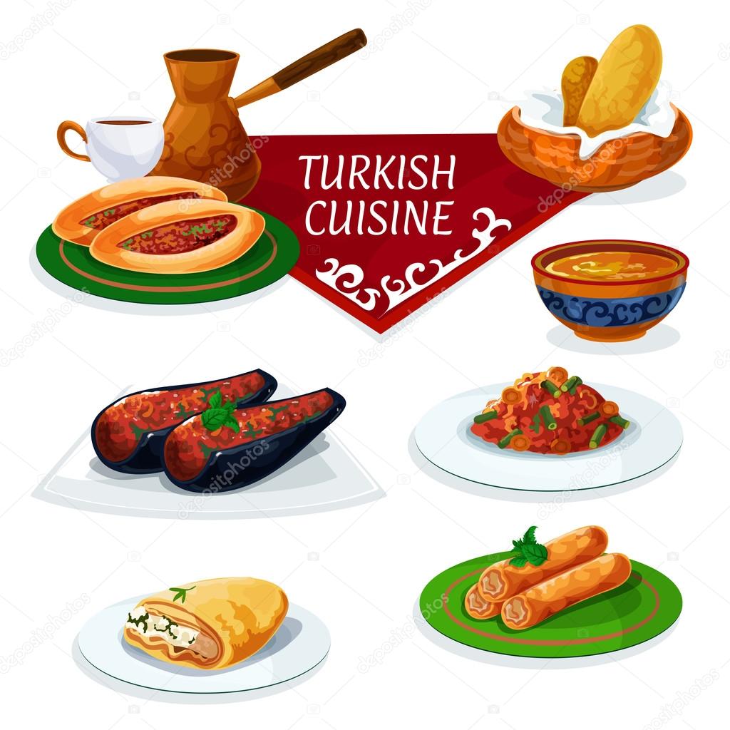 Turkish cuisine traditional dishes cartoon icon