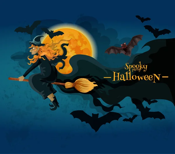 Halloween üdvözlés kártya-val boszorkány és telihold — Stock Vector