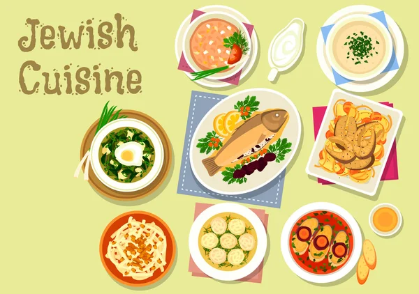 Jewish cuisine traditional dishes for dinner icon — Stock Vector