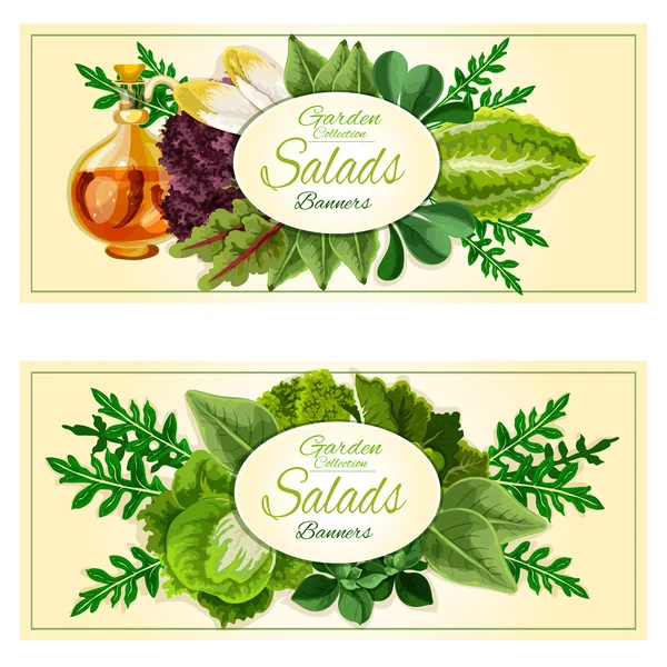 Salada verdes e folhas vegetais banners set — Vetor de Stock