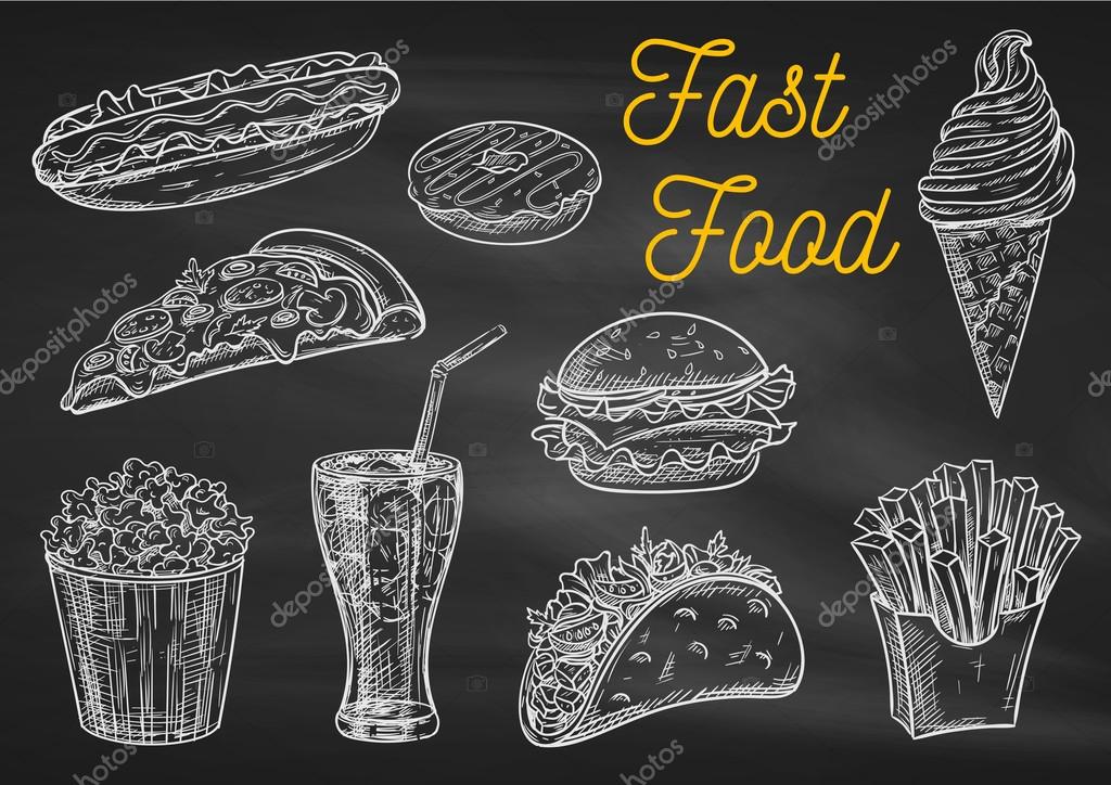 Fast food chalk sketch icons on blackboard. Snacks, desserts, drinks. Isolated vector french fries in box, pizza slice, soda coke, cheeseburger, hamburger, hot dog, ice cream, popcorn, tacos donut