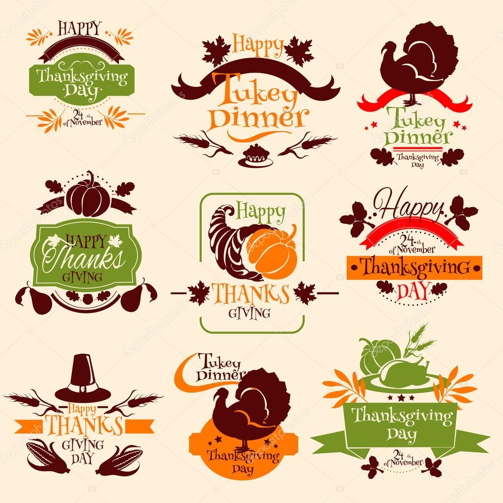 Happy Thanksgiving Day celebration emblems for greeting card design. Vector silhouette icons of traditional thanksgiving elements of turkey, cornucopia horn, pilgrim hat, pumpkin, autumn leaves