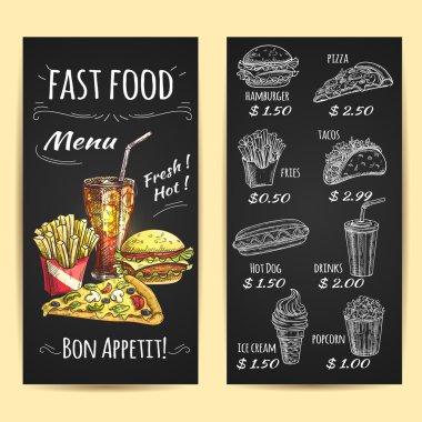 Fast food menü posteri. Tahta üzerinde tebeşir kroki