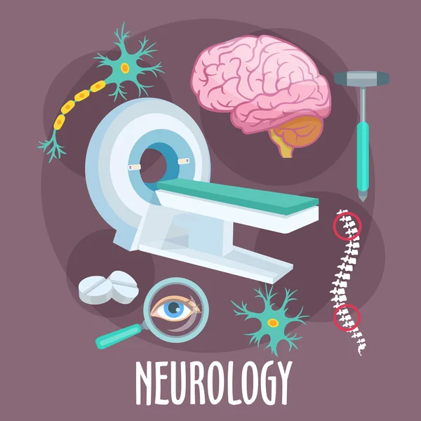 Simbolo piatto di neurologia con icone di ricerca cerebrale — Vettoriale Stock
