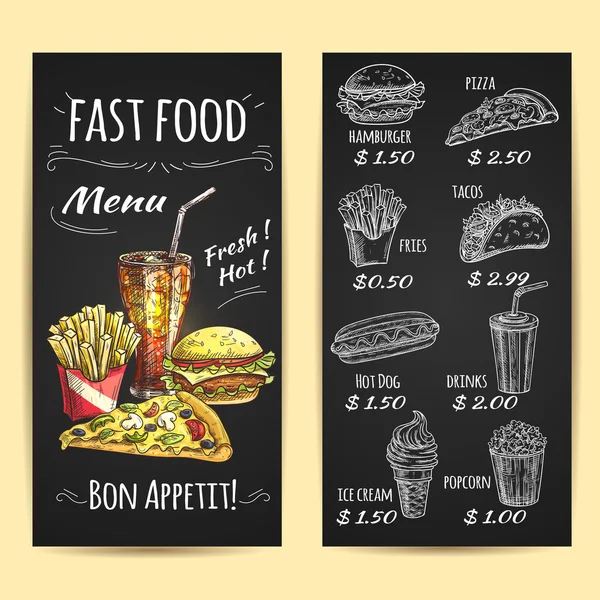 Fast Food Menü Poster. Kreidezeichnung auf Tafel — Stockvektor