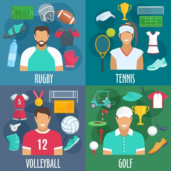 Reugby, tennis, volleyball, golf sport icons — стоковый вектор