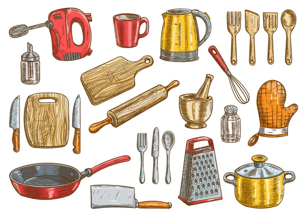 Utensilios de cocina, utensilios de cocina y electrodomésticos — Vector de stock