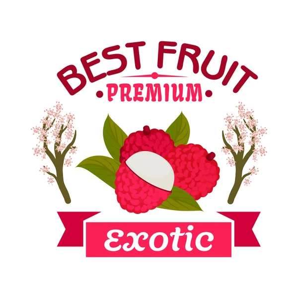 Lychee fruta con flores de los árboles de lichi emblema — Vector de stock