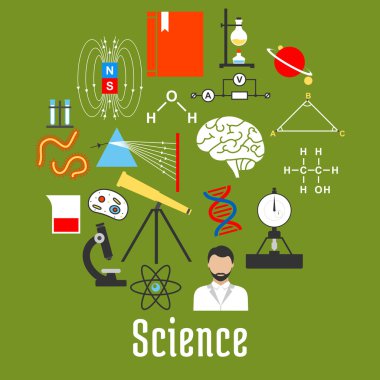 Bilim araştırma simgeleri yuvarlak rozet, düz stil