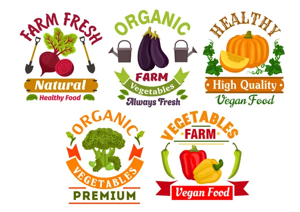 Granja fresca verduras ecológicas insignias conjunto — Vector de stock