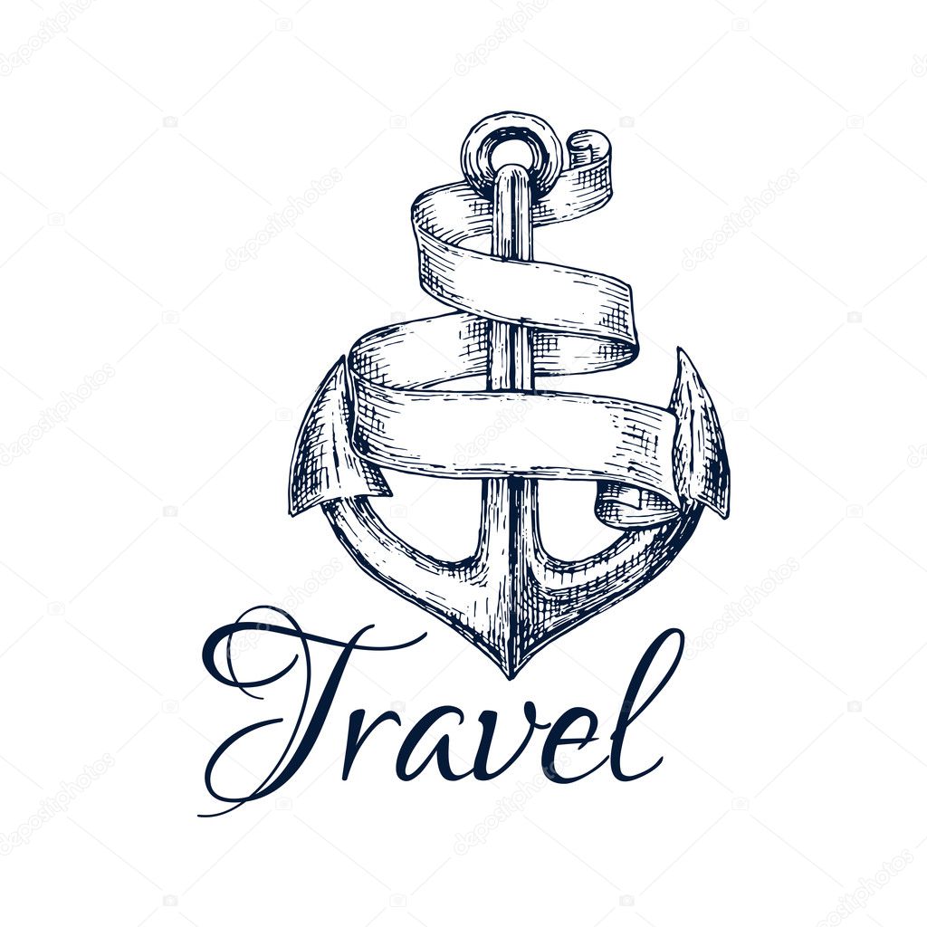 Travel icon. Anchor and ribbon sketch emblem