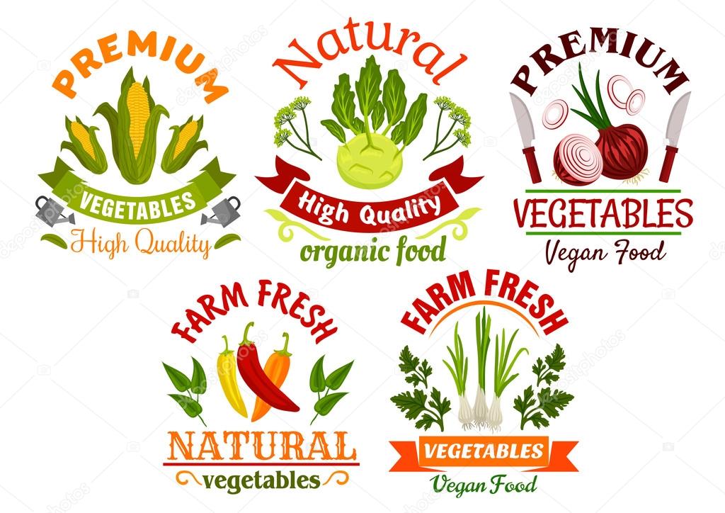 Fresh farm vegetables and herbs cartoon symbols