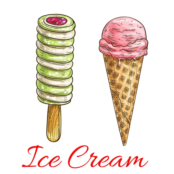 Cône de crème glacée aux fraises, croquis de glace aux fruits — Image vectorielle