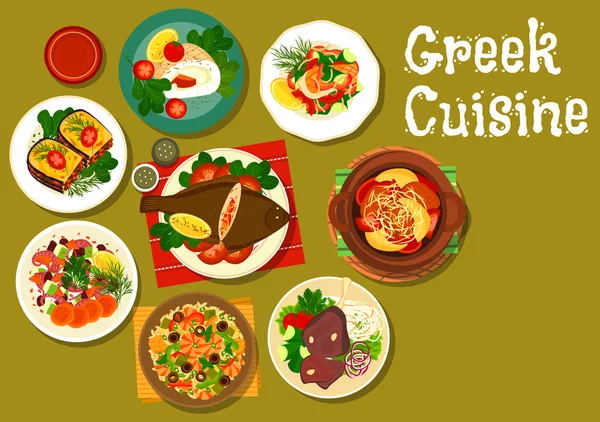 Greek cuisine dishes with fish and lamb icon — Stock Illustration Greek cuisine dishes with fish and lamb icon Stock Vector