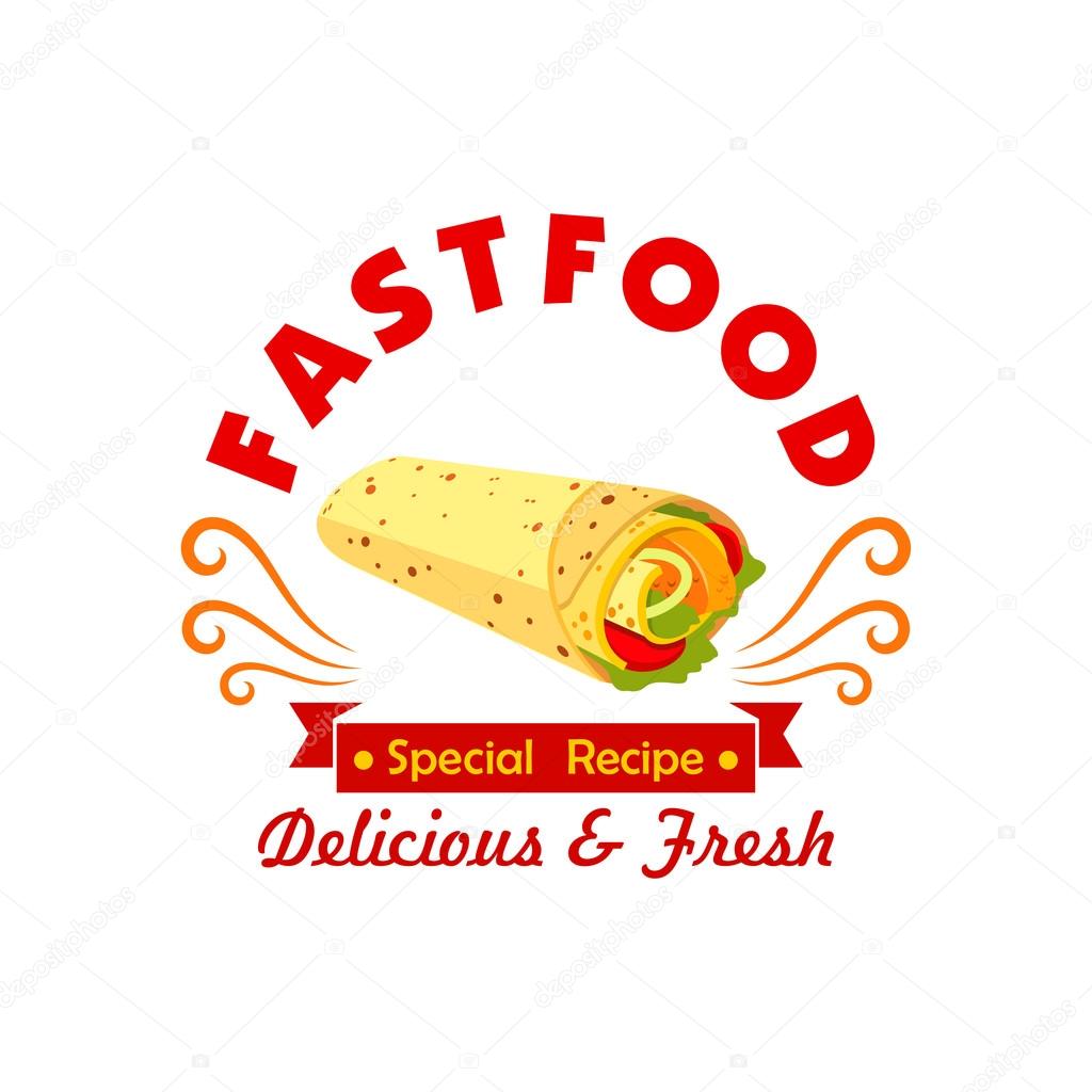 Mexican fast food burrito symbol of tortilla roll with meat and fresh pepper, tomato and bean vegetables, adorned by ribbon banner with text Special Recipe