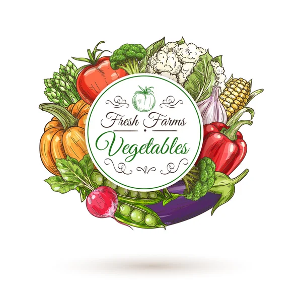 Знак свіжої ферми з овочами, стиль ескізу — стоковий вектор