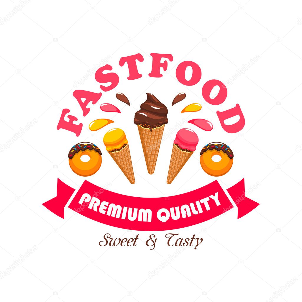 Fast food ice cream and donut emblem. Chocolate, vanilla and strawberry ice cream cones and glazed doughnuts symbol with pink ribbon banner for cafe dessert menu or pastry shop design