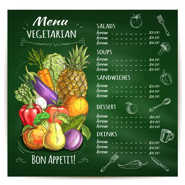 Vegetarian food restaurant menu on chalkboard — Stockový vektor