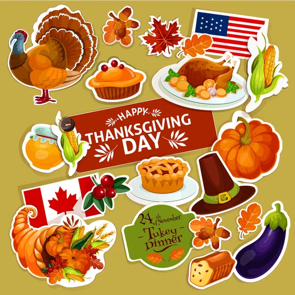 Thanksgiving symbols decoration stickers set — Stock vektor