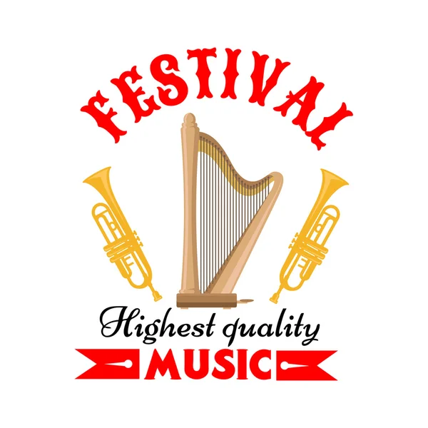 Segno del festival musicale con arpa e tromba — Vettoriale Stock