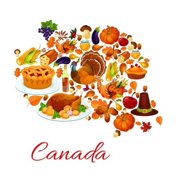 Thanksgiving holiday symbols in canada map shape — Stockový vektor