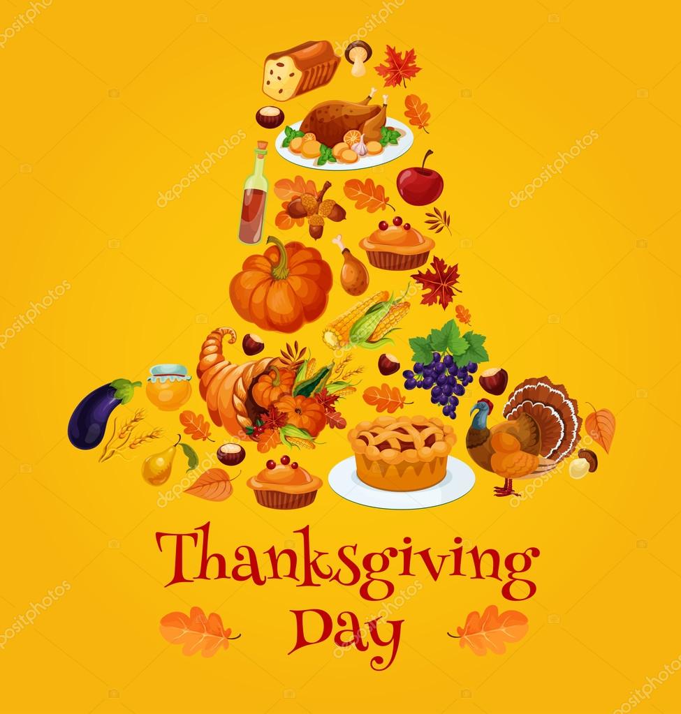 Thanksgiving day symbols in shape of pilgrim hat. Vector emblem of traditional thanksgiving holiday pumpkin, roasted turkey chicken pie, cornucopia, autumn vegetables harvest. Design for thanksgiving