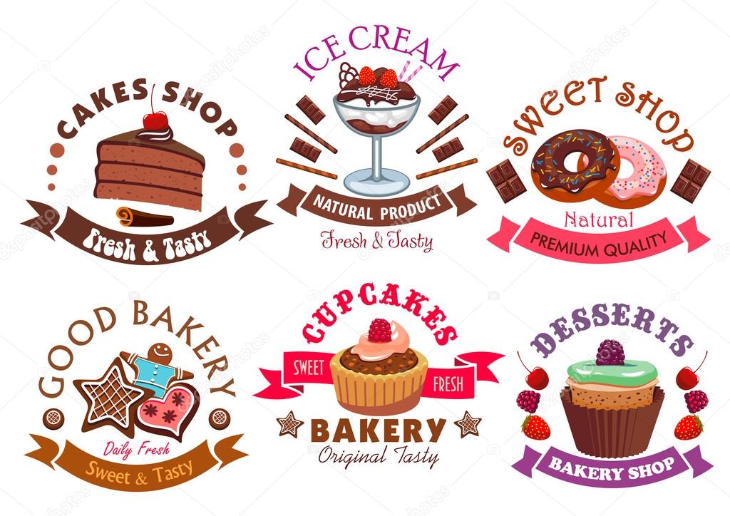 Pastry shop and cafe sign set with cake, cupcake, donut, ice cream dessert, muffin and gingerbread, decorated by chocolate, cream, fruit, glaze and ribbon banners with stars