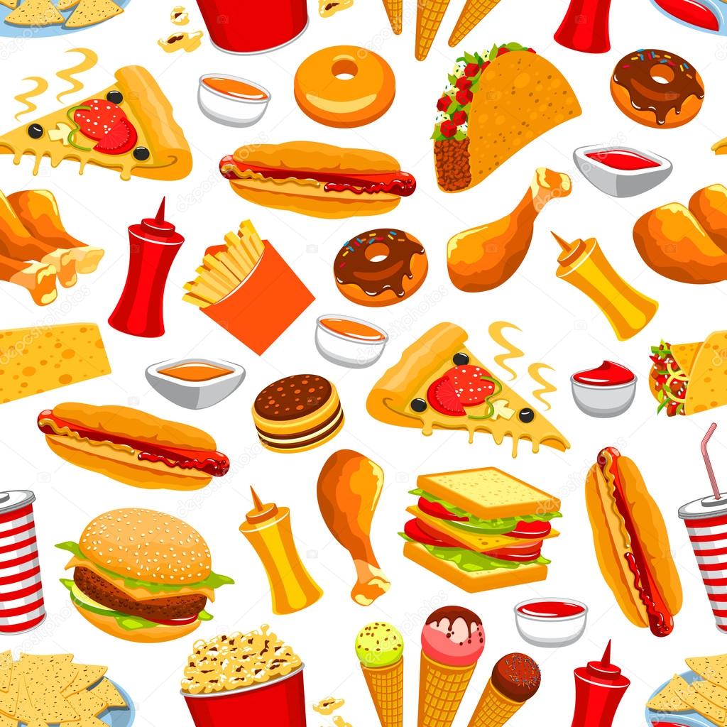 Fast food snacks and drinks seamless pattern