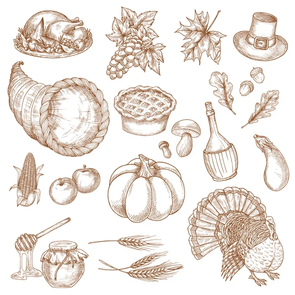 Jour de Thanksgiving symboles esquissés pour saluer — Image vectorielle