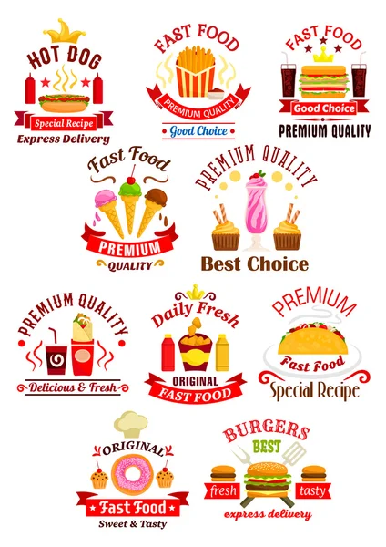 Fast food emblems with ribbons — Stock Vector