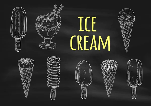 Iconos de boceto de tiza de helado en pizarra — Vector de stock