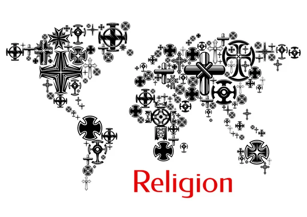 Religión mapa del mundo con símbolos de la cruz del cristianismo — Vector de stock