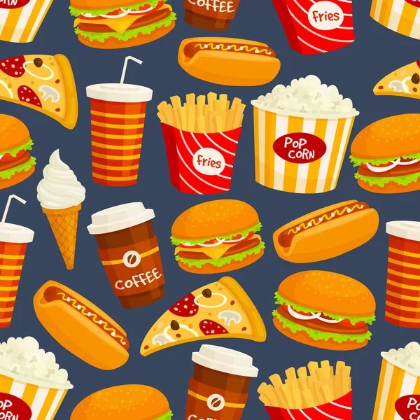 Fast Food Snacks und Getränke nahtlose Muster — Stockvektor