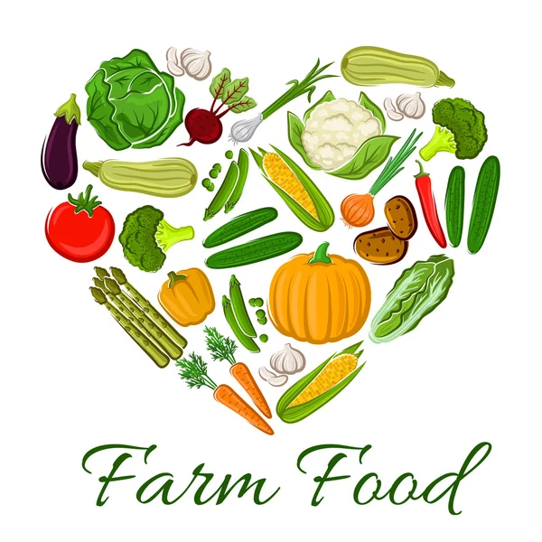 Farm Food groenten pictogrammen in hart vorm — Stockvector