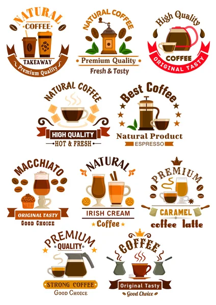 Tipos de café emblemas definidos para café, restuarant — Vetor de Stock