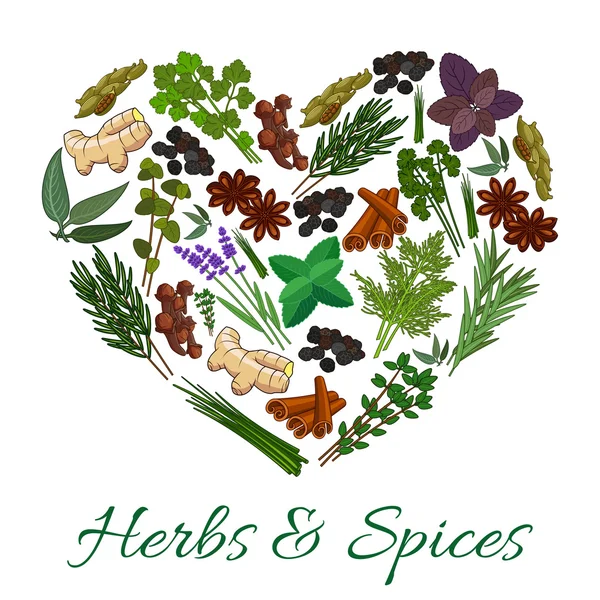 Gyógynövények és fűszerek, ikonok, a szív alakú jelvény — Stock Vector