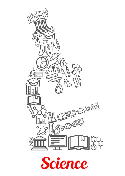 Emblema del microscopio modellato dalle icone della scienza — Vettoriale Stock
