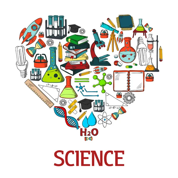 Heart shape emblem with science vector icons — Stock Vector