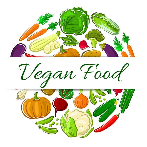 Emblema redondo de decoración de alimentos veganos — Archivo Imágenes Vectoriales