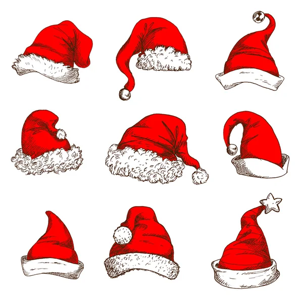 Weihnachten roter Hut oder Mütze des Weihnachtsmannes und Elfen-Symbol-Set — Stockvektor