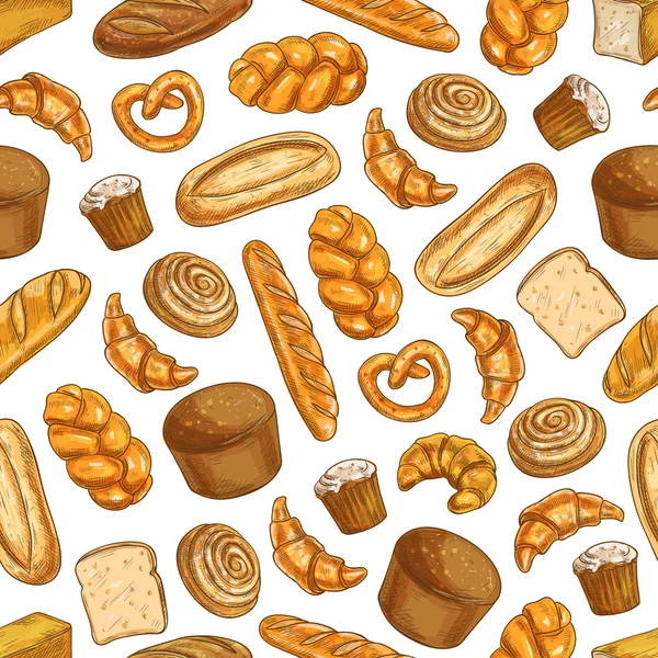 Bakery fresh baked bread seamless sketch pattern — Stock Vector