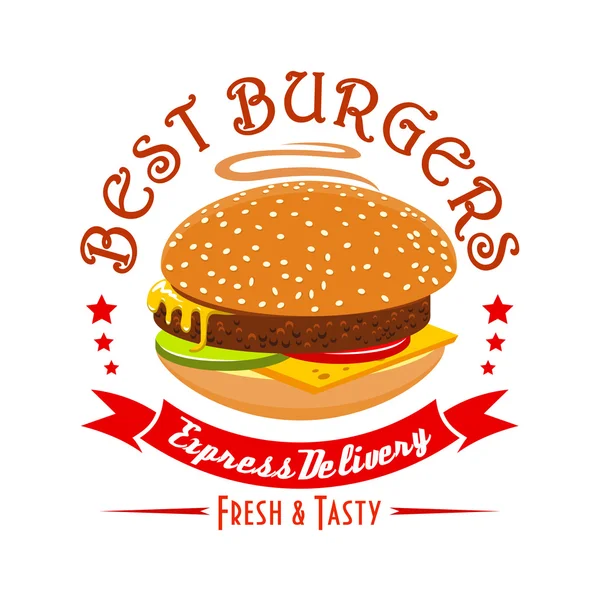 Emblema de hamburguesa. Etiqueta de comida rápida sabrosa fresca — Vector de stock