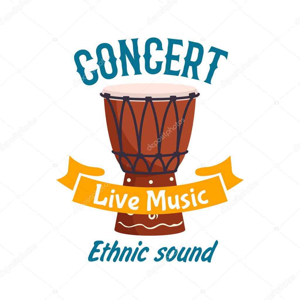 Live music ethnic concert isolated label emblem. Vector musical instrument of traditional african folk talking drum, ethnic conga drum, percussion tambourine. Music fest design with yellow brown