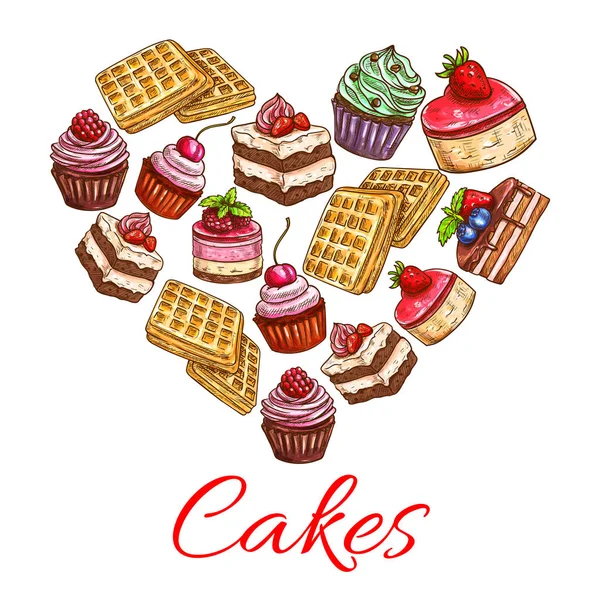 I love cakes. Pastry desserts in heart shape label — Stock Vector