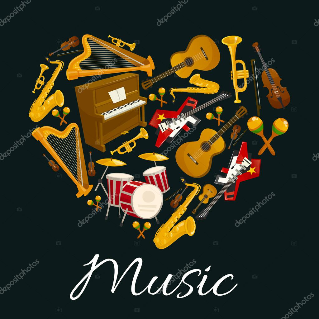 Music emblem of musical instruments in heart shape. Vector label with pattern of music instruments for jazz, rock, bossa nova, blues, pop, electro music disc cover, concert banner, music fest poster