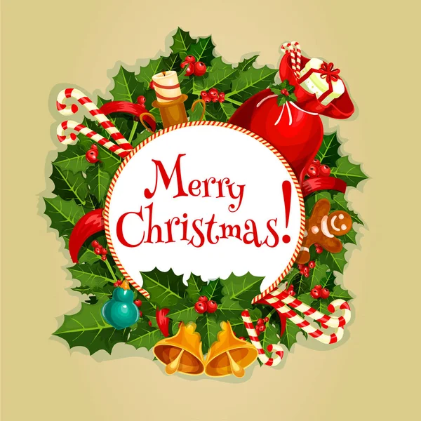 Feliz Navidad cartel redondo con decoración de Navidad — Vector de stock