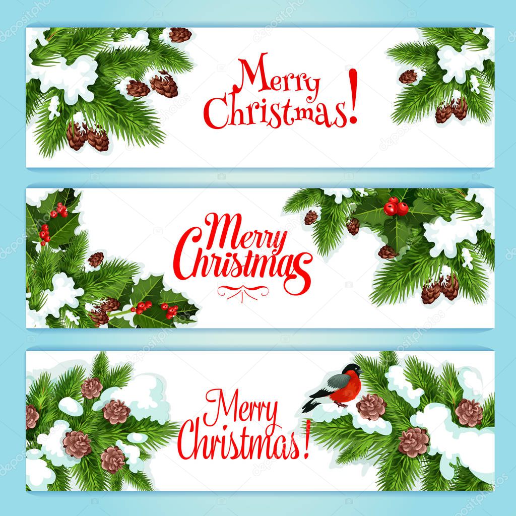 Christmas tree, holly berry banner for xmas design Stock Vector Image ...
