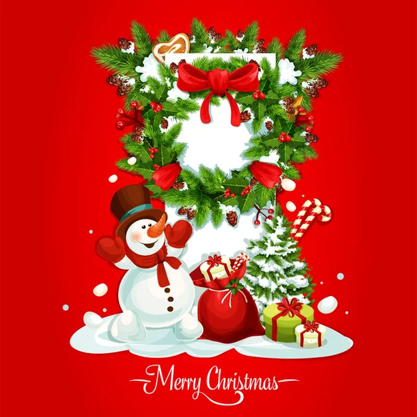 Christmas card with snowman, gift and xmas wreath — Stock Vector